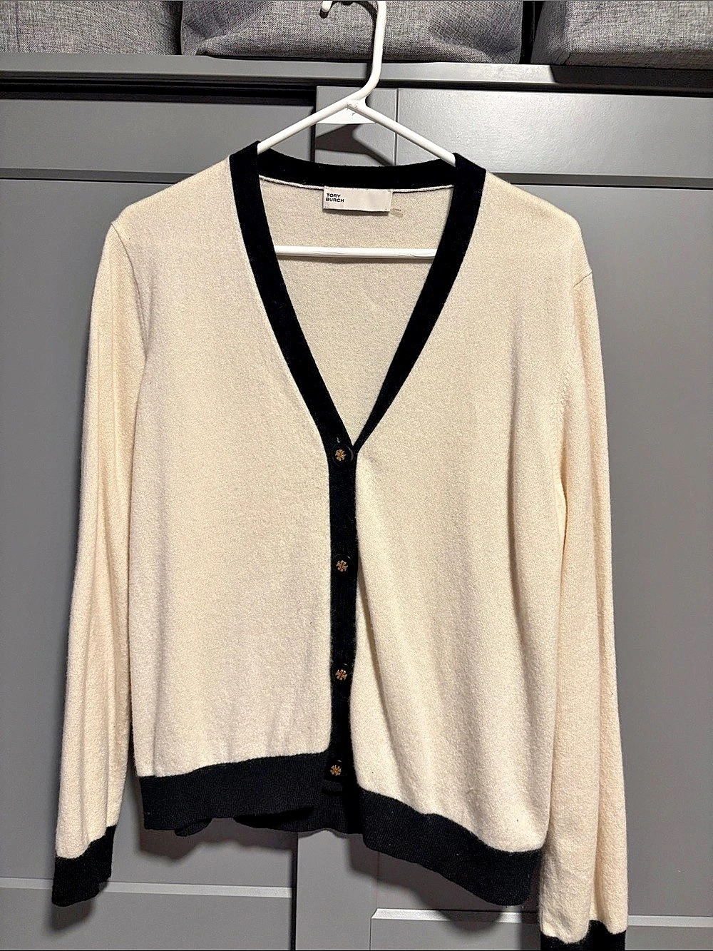 Tory Burch Contrast Trim Cashmere Cardigan Cream & Black XL (16)